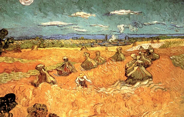 Картинка Vincent van Gogh, Wheat Stacks, with Reaper, мужчина в шляпе