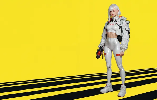 Anime, science fiction, short hair, leggings, white hair, AI art, Stable Diffusion, bright background