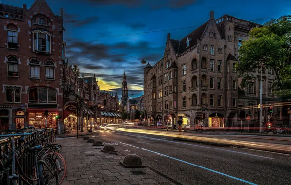 Картинка дорога, мост, здания, Амстердам, Нидерланды, ночной город, Amsterdam, Netherlands