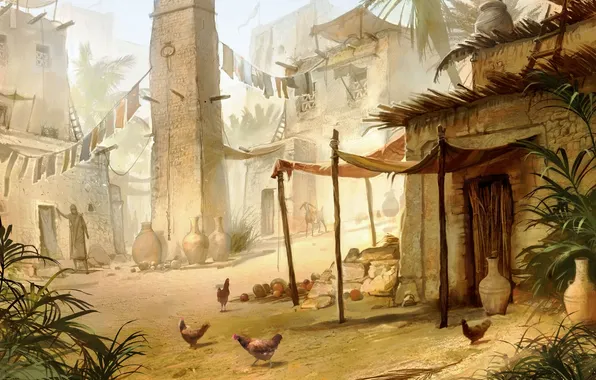 Картинка город, дома, арт, постройки, египет, куры
