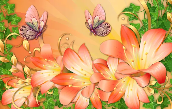 Картинка листья, цветы, бабочка, рисунок, лилии, вектор, лепестки, мотылек