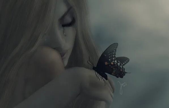 Девушка, настроение, бабочка, слезы, блондинка
