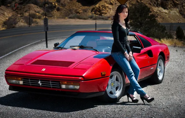 Картинка девушка, 1986, Ferrari 328 GTS