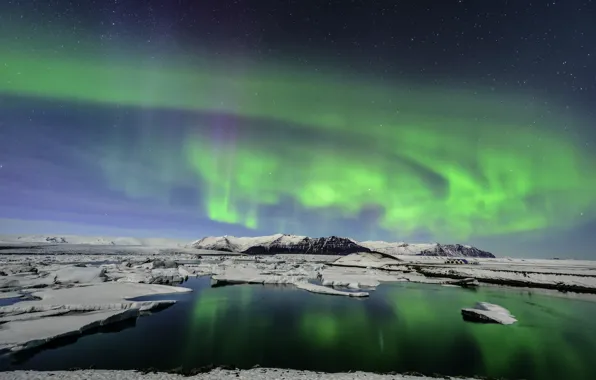 Картинка горы, северное сияние, льды, льдины, Исландия, Iceland, Glacial Lagoon