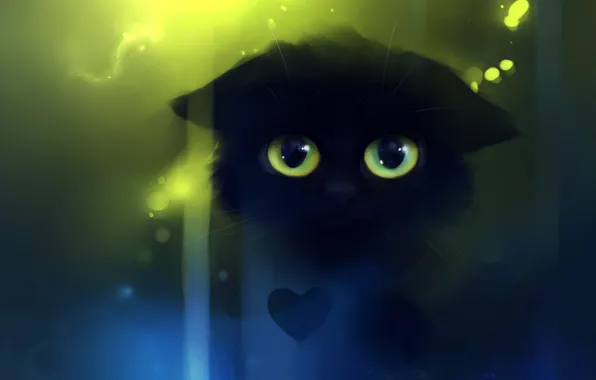 Картинка кошка, взгляд, котенок, сердце, рисунок, художник, сердечко, apofiss