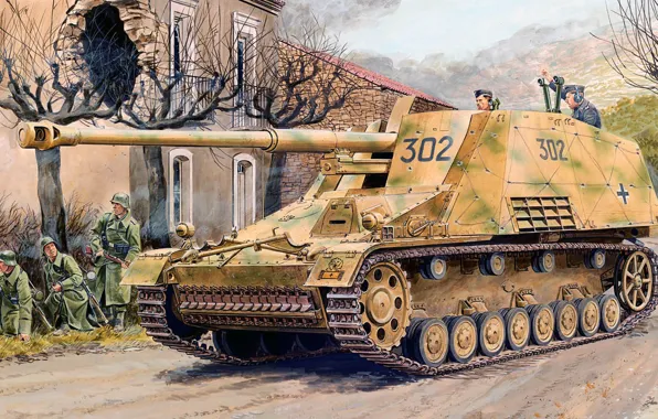 Рисунок, арт, носорог, САУ, германская самоходная артиллерийская установка, Насхорн, 8.8 cm PaK 43/1 auf Geschutzwagen …