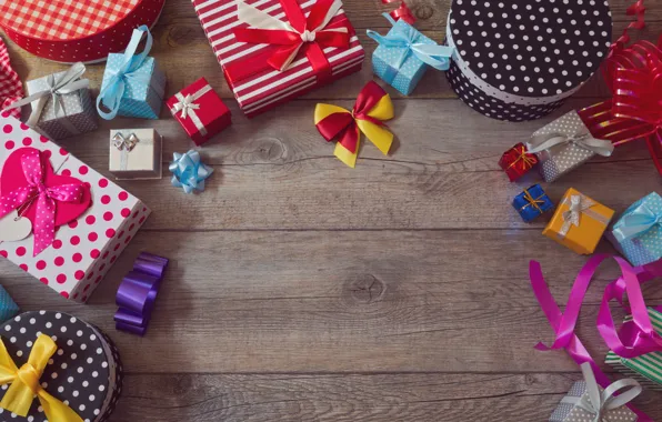 Colorful, подарки, wood, коробки, банты, gifts