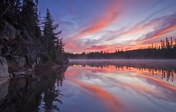 Картинка лес, закат, озеро, Канада, Онтарио
