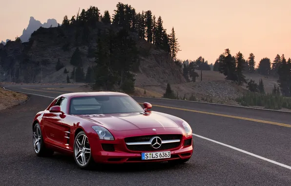 Картинка дорога, деревья, машины, mercedes, мерседес, авто обои, sls amg