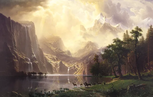 Картинка лес, небо, пейзаж, горы, озеро, водопад, олени, Бирштадт
