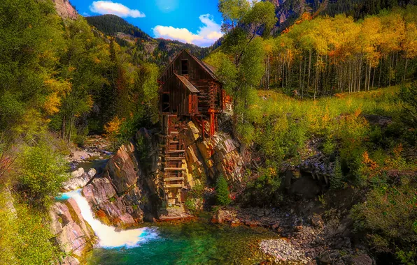 Осень, лес, горы, синева, скалы, берег, водопад, мельница