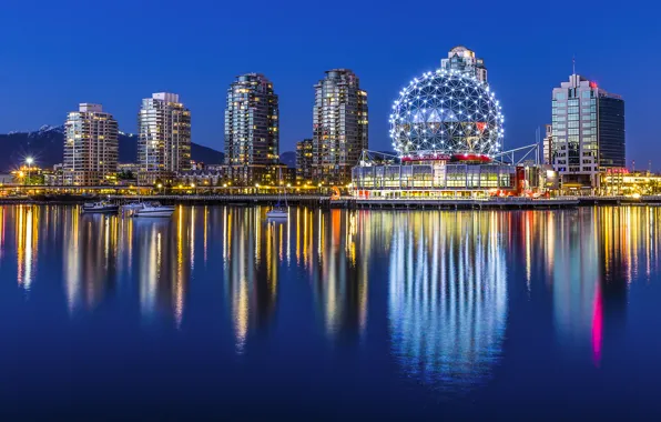 Картинка Vancouver, отражение, дома, Yaletown, город, музей, огни, лодки