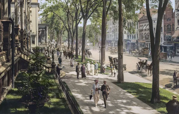 Vintage, New York, Broadway, peoples, 1915, colorized, Saratoga Springs
