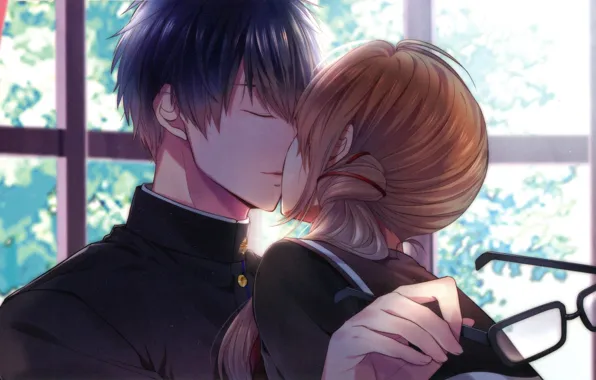 Поцелуй, очки, школьная форма, у окна, visual novel, парень с девушкой, Suuran Digit, by Melo