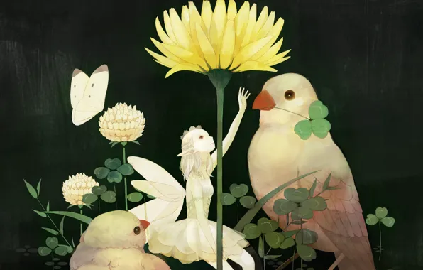 Цветок, птицы, бабочка, крылья, фея, Девочка