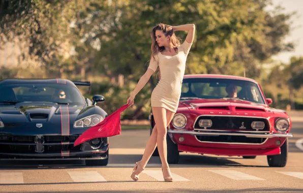 Картинка девушка, Mustang, Ford, Модель, флаг, Dodge, red, мускул кар
