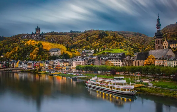 Картинка осень, горы, город, замок, берег, Германия, архитектура, водоем