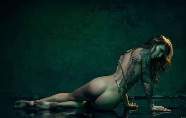 Girl, tattoo, brown-haired, turquoise background