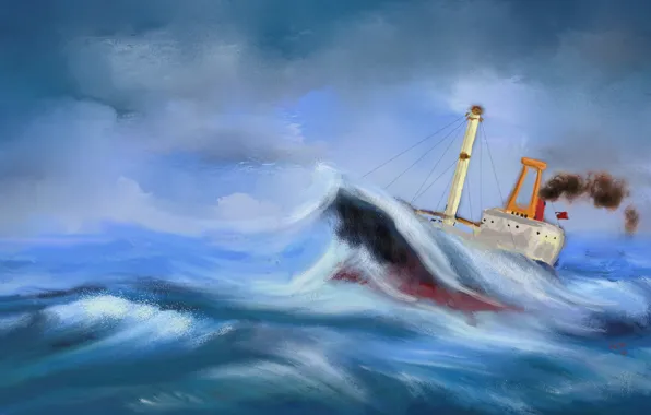 Волны, шторм, корабль, картина, морской пейзаж