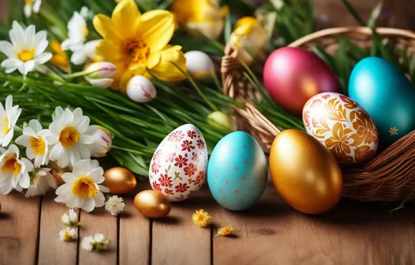 Цветы, яйца, весна, colorful, Пасха, happy, flowers, spring
