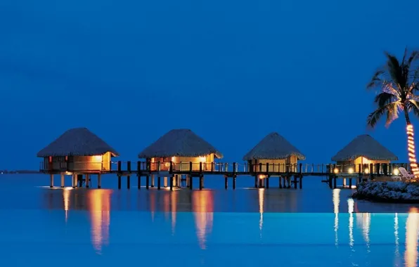 Океан, вечер, курорт, бунгало, sea, Tahiti, evening, resort