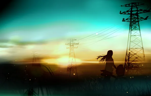 Девушка, пейзаж, закат, велосипед, провода, арт, лэп, rushka
