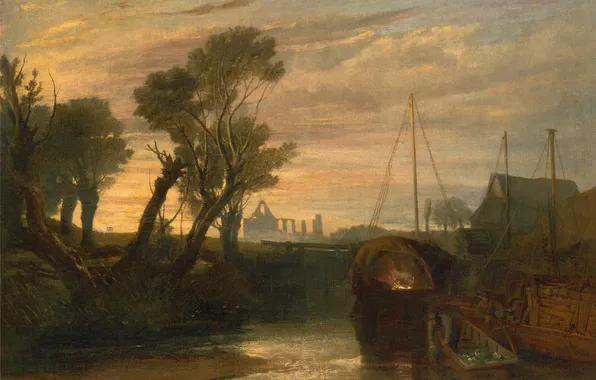 Деревья, пейзаж, река, лодка, картина, Уильям Тёрнер, Аббатство Ньюарк