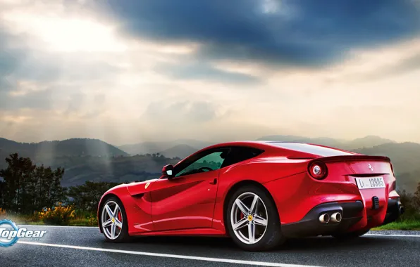 Картинка Top Gear, Ferrari, Red, Landscape, Sun, Supercar, Berlinetta, F12