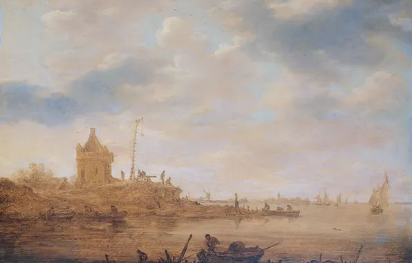 Пейзаж, масло, картина, Jan van Goyen, Ян ван Гойен, Вид на Реку с Караульной Башней, …