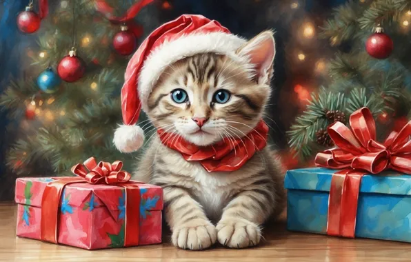 Кошка, взгляд, шарики, ветки, поза, котенок, рисунок, котик