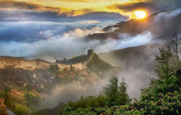 Картинка China, trees, landscape, mountains, fog, great wall of China