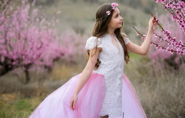 Деревья, весна, сакура, платье, девочка, girl, цветение, pink
