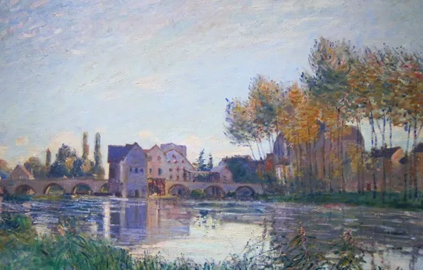Осень, деревья, пейзаж, мост, река, дома, картина, Alfred Sisley