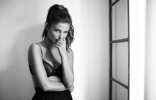 Девушка, нижнее белье, брюнетка, черно-белое, Stefanie Scott