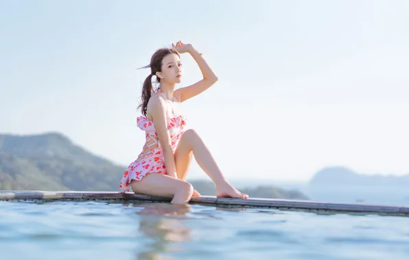 Beautiful, Asian, Model, Water, Woman, Pool, Wet, Cute