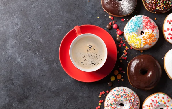 Кофе, пончики, cup, coffee, donuts