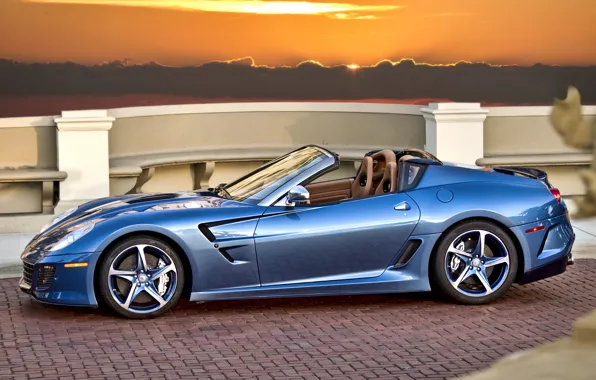 Картинка закат, голубой, Ferrari, кабриолет, феррари, blue, sundown, cabrio