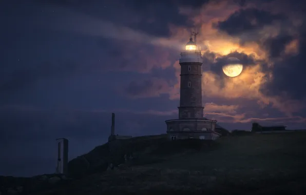 Облака, маяк, Луна, moon, clouds, lighthouse