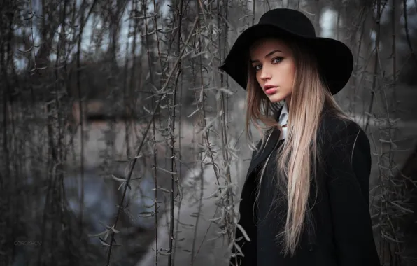 Ветки, модель, шляпа, макияж, прическа, красотка, пальто, в черном