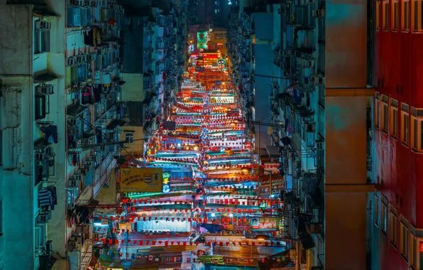 Картинка улица, дома, Гонконг, ночной рынок, Яу Ма Тей