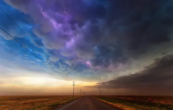 Картинка дорога, облака, шторм, молния, сша, Техас