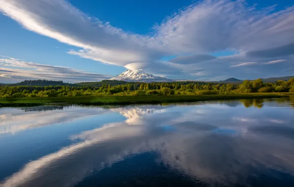 Лес, небо, облака, озеро, отражение, гора, Washington State, Mount Adams