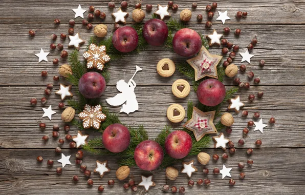 Картинка украшения, яблоки, печенье, Рождество, Новый год, christmas, орехи, new year