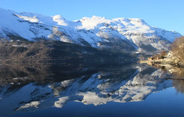Горы, озеро, отражение, спокойствие, Норвегия, Norway, Hordaland, Utne