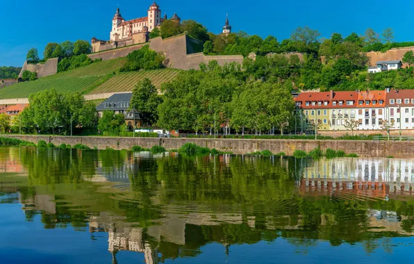 Картинка деревья, отражение, река, здания, дома, Германия, Бавария, крепость