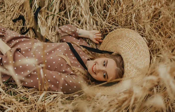 Девушка, улыбка, шляпа, платье, блондинка, сено, косы, Abbasova Anna