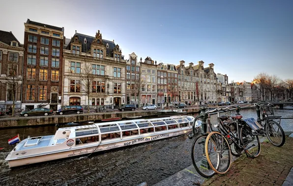 Картинка велосипед, лодка, корабль, дома, канал, амстердам, nederland, amsterdam