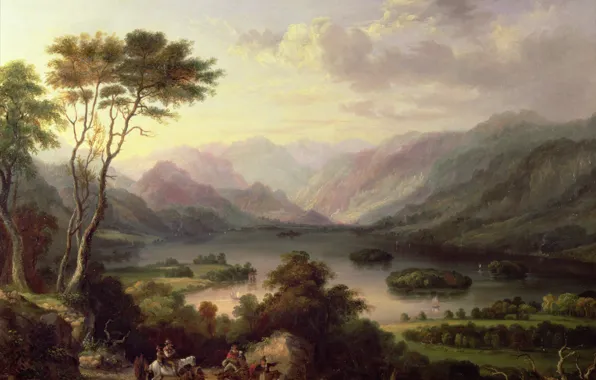 Картинка озеро, люди, дерево, холмы, лошадь, ослы, Артур Хьюз, караванчик