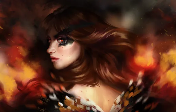 Картинка девушка, лицо, огонь, пламя