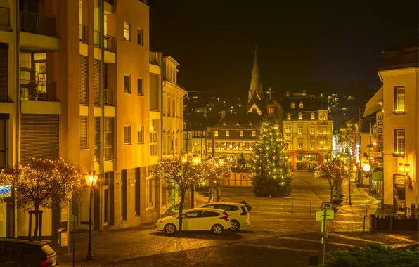 Картинка ночь, город, фото, праздник, улица, елка, дома, Германия